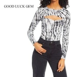 Good Luck Gem Womens Cutout Long‎ Sleeve Crop Top Black White Tie Dye Small NEW